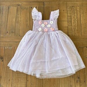 Audrey Camille purple metallic star tulle dress girls 6 floral appliqué